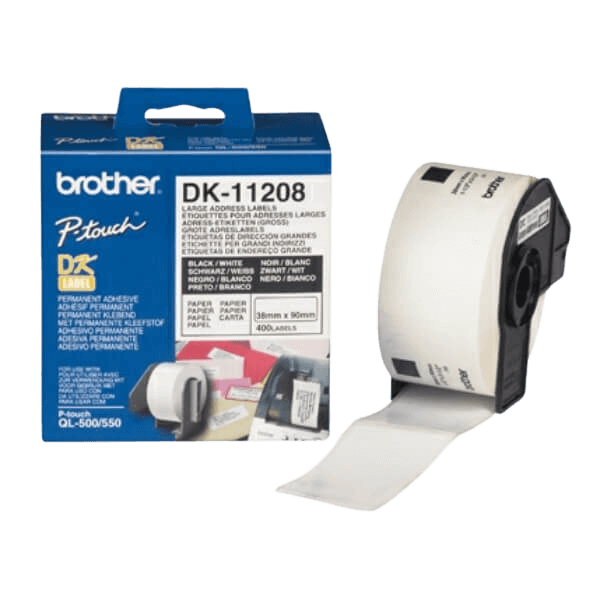 Brother Original DK11208 38 x 90 mm, 400 stk. Svart tekst / hvit teip