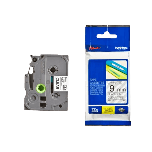 Brother Original TZe121 9 mm x 8 m Svart tekst / Gjennomsiktig teip
