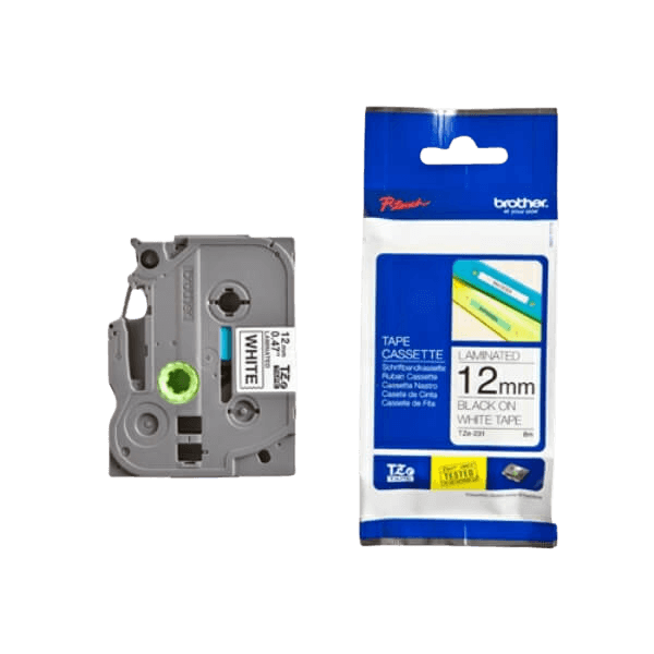 Brother Original TZe231 12 mm x 8 m Svart tekst / hvit teip