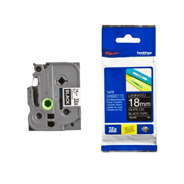 Brother Original TZe345 18 mm x 8 m Hvit tekst / Svart teip