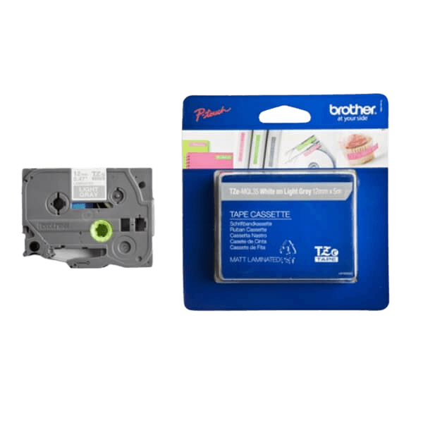 Brother Original TZEMQL35 12 mm x 5 m Hvit tekst / Lys grå teip