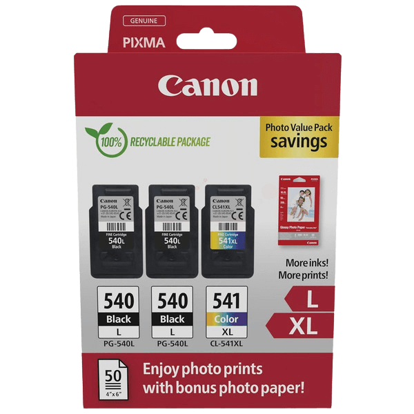 Canon Original 2x PG-540L + CL-541XL + Papir 5224B015 CMYK rabattpakke | Innhold: 2x 11 + 15 ml.