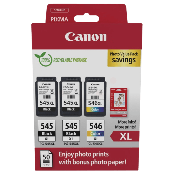 Canon Original 2x PG-545XL + CL-546XL + Papir 8286B015 CMYK rabattpakke | Innhold: 2x 15 + 13 ml.