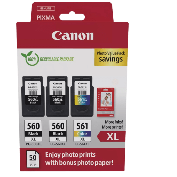 Canon Original 2x PG-560XL + CL-561XL + Papir 3712C012 CMYK rabattpakke | Innhold: 2x 14,3 + 12,2 ml.