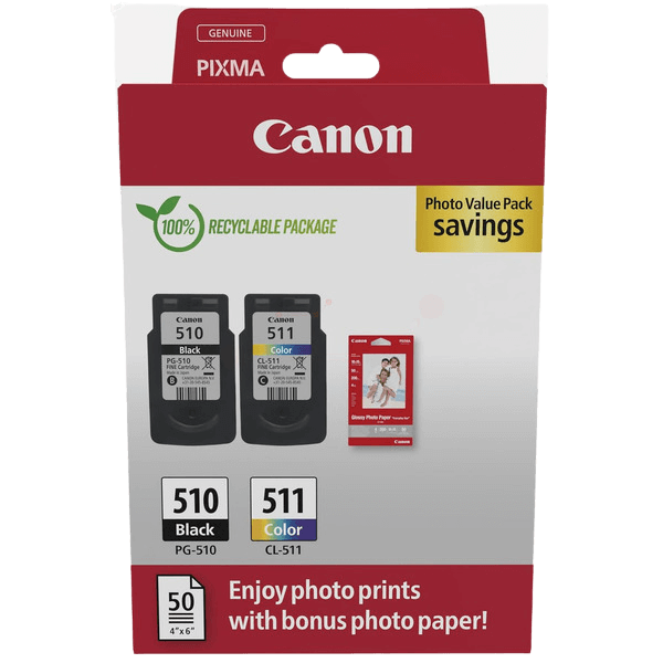 Canon Original PG-510 + CL-511 + Papir 2970B017 CMYK rabattpakke | Innhold: 9 + 9 ml.