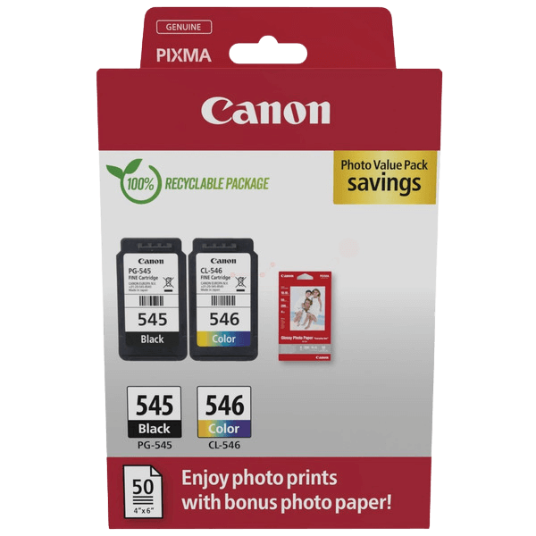 Canon Original PG-545 + CL-546 + Papir 8287B008 CMYK rabattpakke | Innhold: 8 + 8 ml.