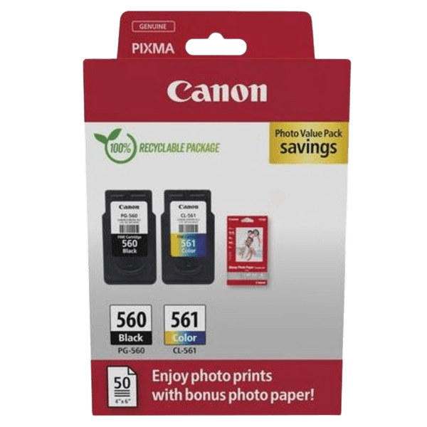 Canon Original PG-560 + CL-561 + Papir 3713C008 CMYK rabattpakke | Innhold: 7,5 + 8,3 ml.
