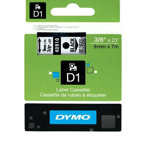Dymo Original D1 40910 S0720670 9 mm x 7 m Svart tekst / Gjennomsiktig teip