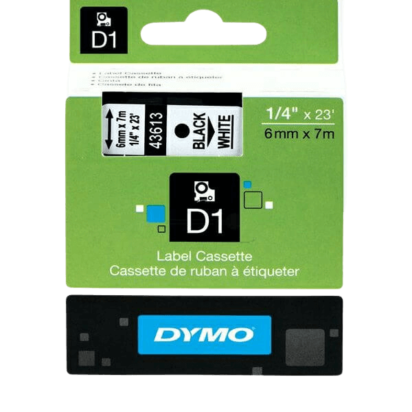 Dymo Original D1 43613 S0720780 6 mm x 7 m Svart tekst / hvit teip