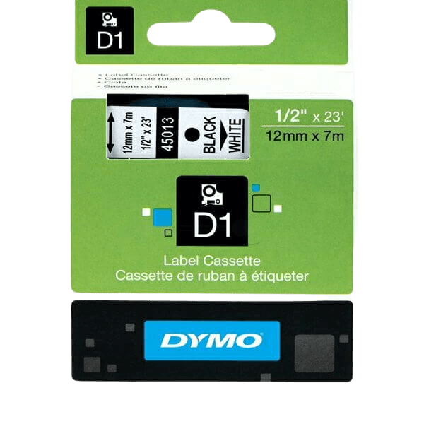 Dymo Original D1 45013 S0720530 12 mm x 7 m Svart tekst / hvit teip