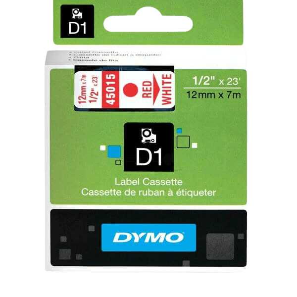 Dymo Original D1 45015 S0720550 12 mm x 7 m Rød tekst / Hvit teip