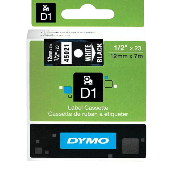 Dymo Original D1 45021 S0720610 12 mm x 7 m Hvit tekst / Svart teip