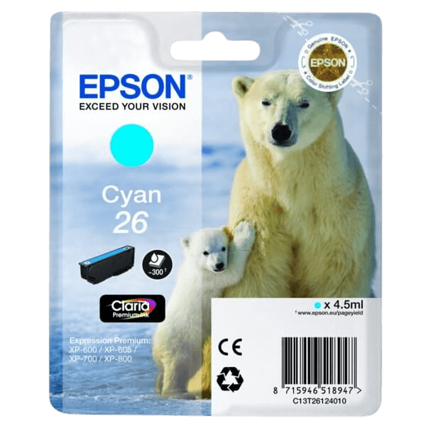 Epson Original 26 C13T26124012 cyan blekkpatron | Innhold: 4,5 ml.