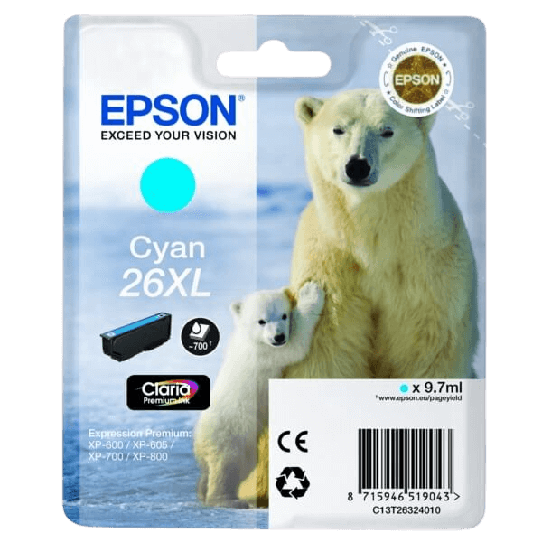 Epson Original 26 C13T26324012 XL cyan blekkpatron | Innhold: 9,7 ml.