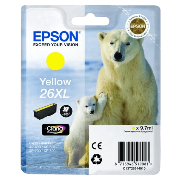 Epson Original 26 C13T26344012 XL gul blekkpatron | Innhold: 9,7 ml.