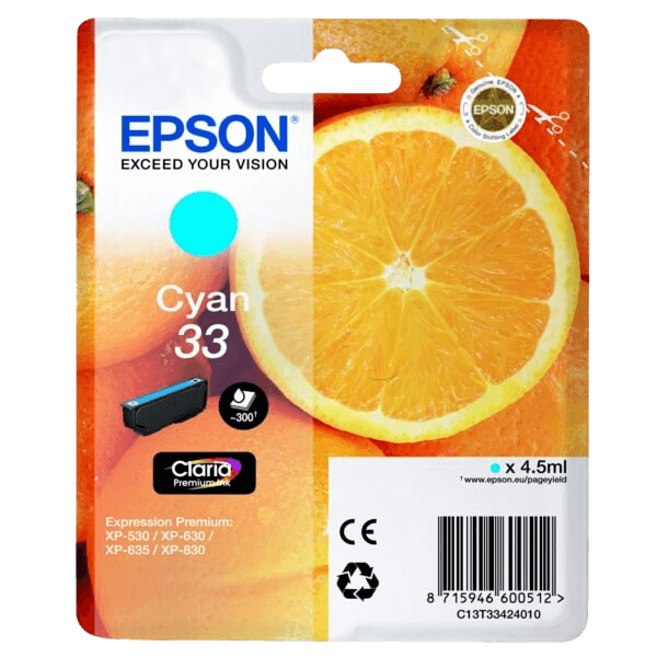 Epson Original 33 C13T33424012 cyan blekkpatron | Innhold: 4,5 ml.