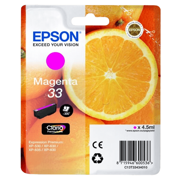 Epson Original 33 C13T33434012 magenta blekkpatron | Innhold: 4,5 ml.
