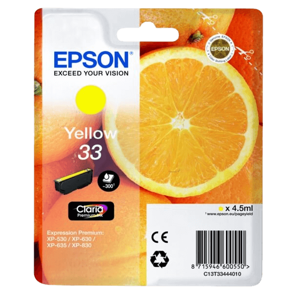 Epson Original 33 C13T33444012 gul blekkpatron | Innhold: 4,5 ml.