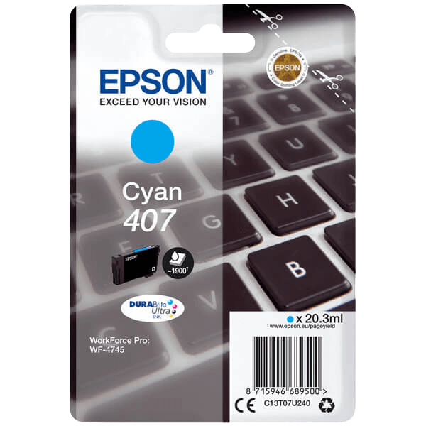 Epson Original 407 C13T07U240 cyan blekkpatron | Innhold: 20,3 ml.