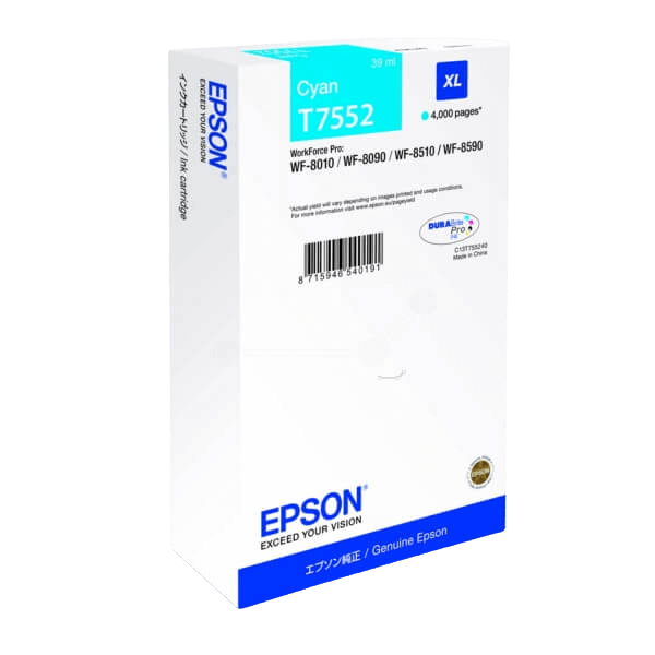 Epson Original T7552 C13T755240 XL cyan blekkpatron | Innhold: 39 ml.