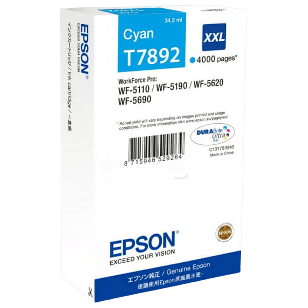 Epson Original T7892 C13T789240 XXL cyan blekkpatron | Innhold: 34,2 ml.